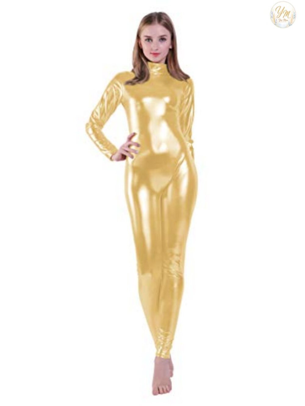 Shiny Metallic Unitard Turtleneck Long Sleeve Footless Zentai Suit Catsuit